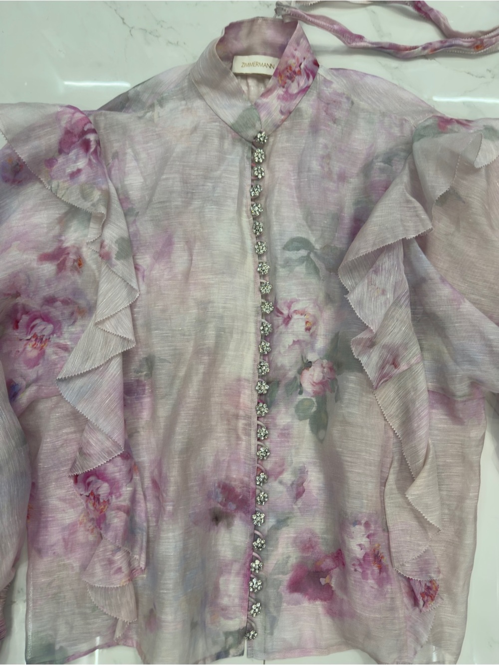 Zimmermann Lavender Pink Floral Ruffle-Trim Sheer Blouse